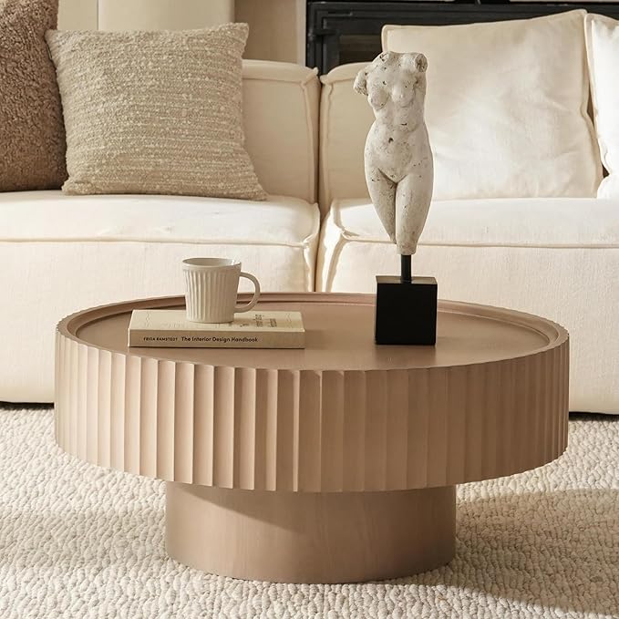 Round Coffee Table with Storage, 30.3” Fluted Drum Modern Living Room Table, Mushroom Shape Wood Gray Center Tables, Accent Coffee Tables for Living Room, Apartment(30.3''L×13.7''H)