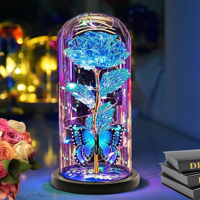 Christmas Flowers Gifts for her Women Mom Wife,Womens Gifts for Christmas, Rose Flowers Gift Light Up Rose in Glass Dome,Birthday Gifts for Woman Blue