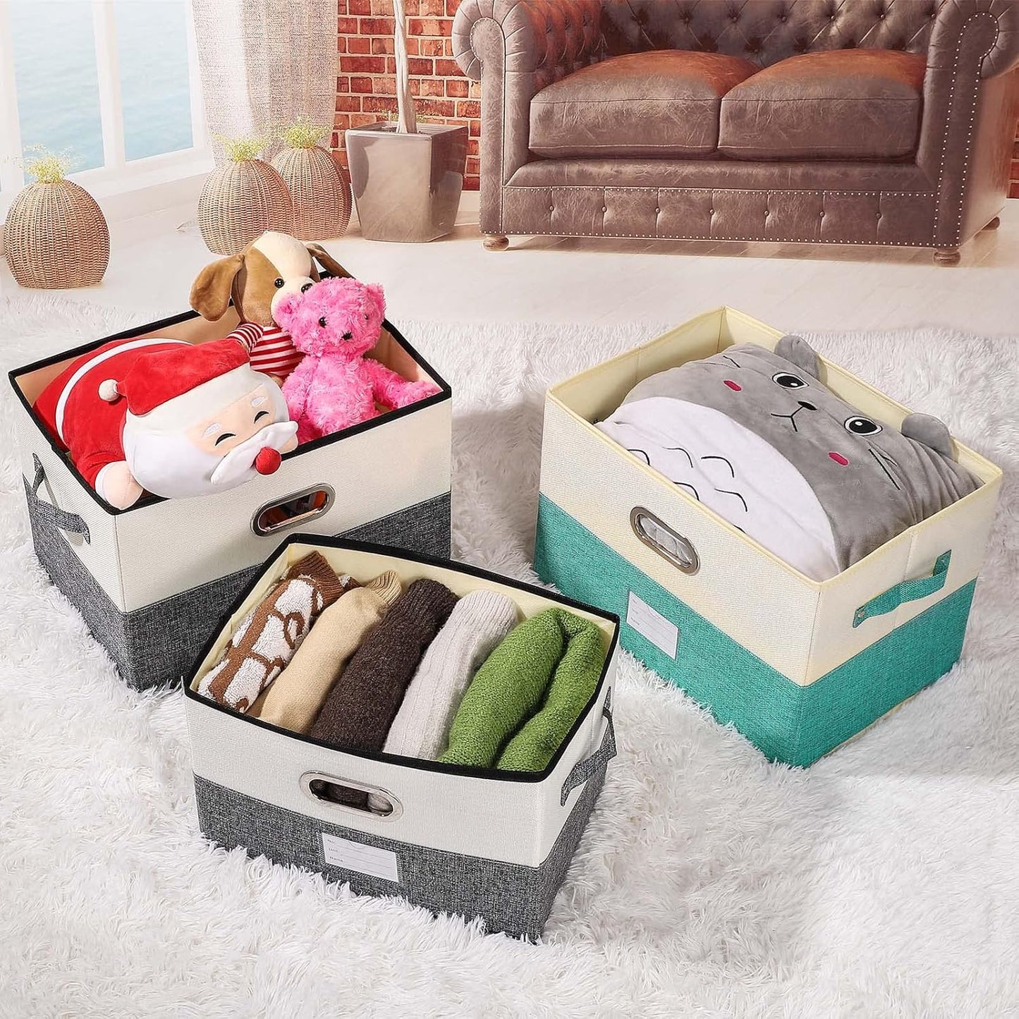 Large Linen Fabric Foldable Storage Bins with Removable Lid and Handles, Washable Storage Box Organizer Containers Baskets Cube with Cover for Bedroom,Office (Black&White, Medium(2-Pack))