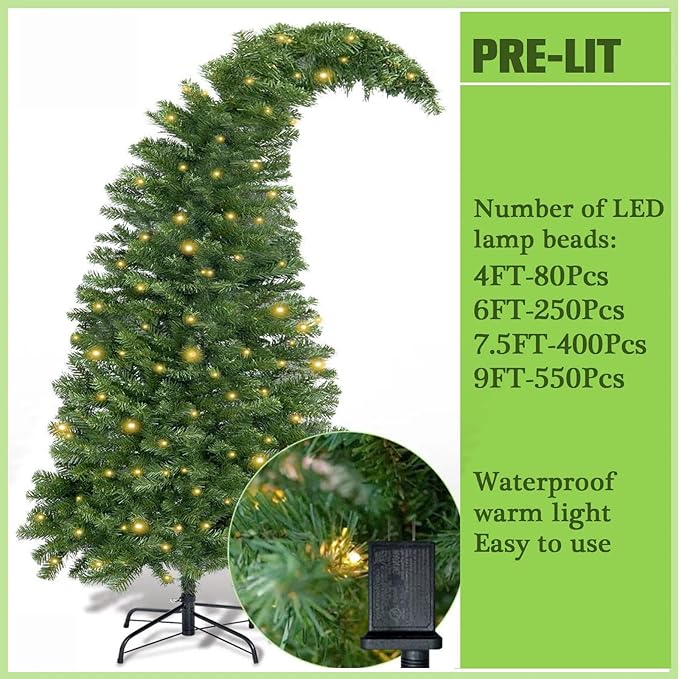 Syhood 6ft Bendable Christmas Tree Pre-Lit Whimsical Christmas Bent Top Artificial Xmas Tree with LED Lights Ornament Bag, Green