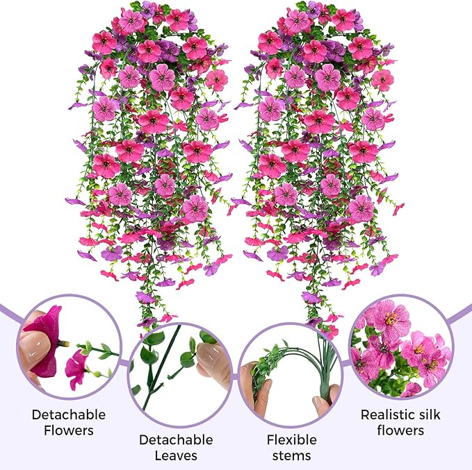 2 PCS Artificial Hanging Flowers for Outdoors Decorations, Spring Summer Realistic Silk Daisy with Eucalyptus, UV Resistant Faux Plants for Patio Home Decor Window Box (Rose Red&Light Purple)