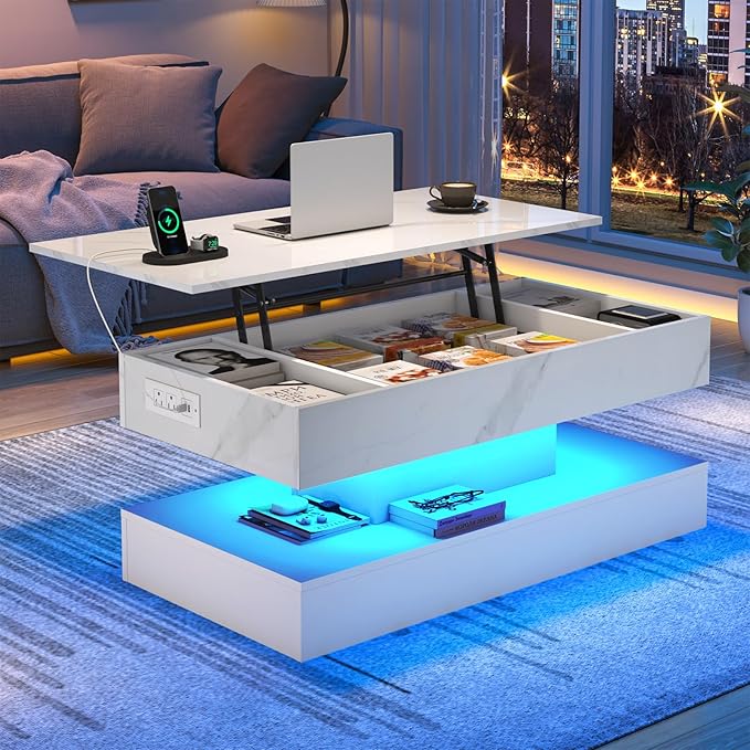 39.4" Large Lift Top Coffee Table with Charging Station, LED Modern High Glossy Center Table with Hidden Compartment Storage, White Lift Living Room Tables with Marbling Print, White