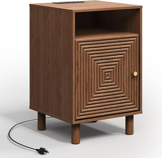 RoyalCraft Nightstand with Charging Station, Modern Side Table with Door, Accent End Table with Solid Wood Legs, Bedside Table for Bedroom, Entryway, Brown