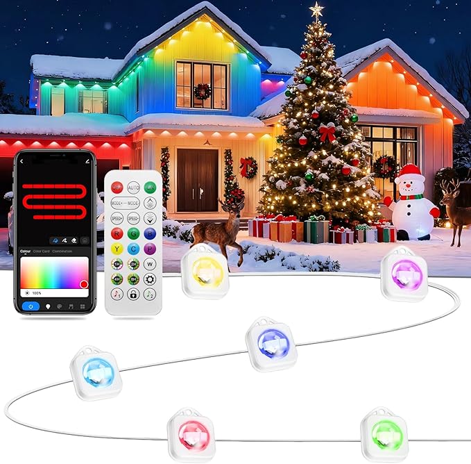 Permanent Outdoor Lights, 100ft with 72 IC+RGB LEDs, IP67 Waterproof Smart LED Eaves Lights with 48 Scene Modes for House Halloween Christmas Decor,Compatible with Alexa, Google Assistant