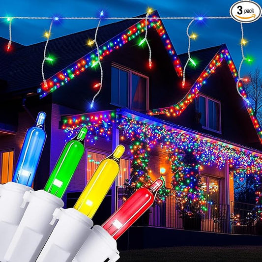 New One Icicle Lights Outside 3 Pack, 20.2 FT 150 LEDs Multicolor Christmas Outdoor With White Wire, Connectable String With 39 Drops, Holiday Wedding Party Indoor