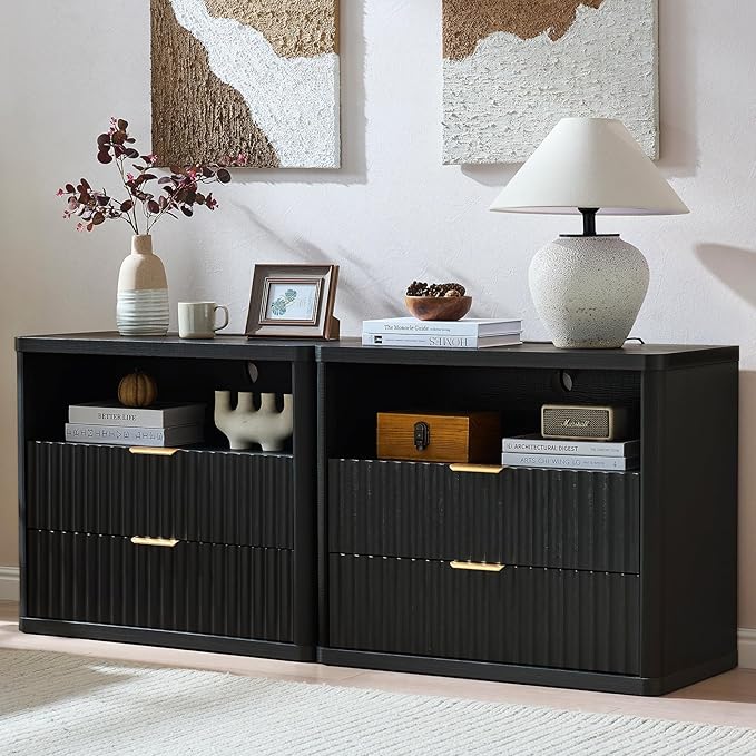 LEYAOYAO 31" Wide Fluted Night Stand Set of 2 with Charging Station, Oversized Extra Large 2 Drawers Nightstand,Black Wood Bedside Table,Tall End Tables,Modern Chest of Drawers Dressers for Bedroom