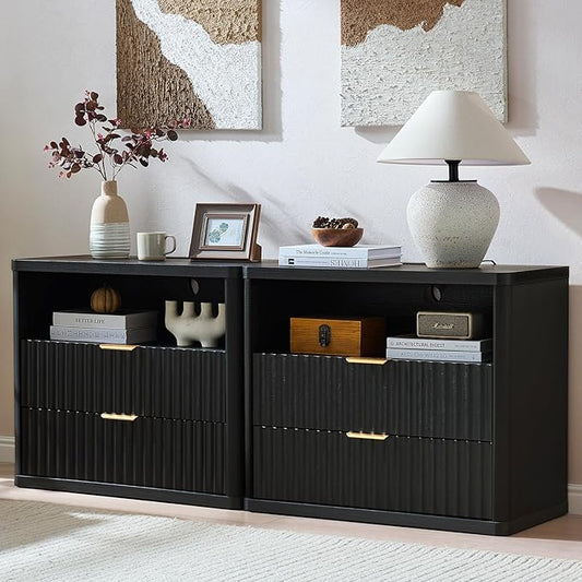 LEYAOYAO 31" Wide Fluted Night Stand Set of 2 with Charging Station, Oversized Extra Large 2 Drawers Nightstand,Black Wood Bedside Table,Tall End Tables,Modern Chest of Drawers Dressers for Bedroom