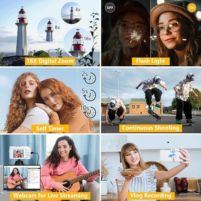 4K Digital Camera for Photography Autofocus, 64MP WiFi Vlogging Camera for YouTube with 2 Batteries, SD Card, 3" 180°Flip Screen Selfie Compact Travel Camera for Teens with 16X Zoom, Anti-Shake, White