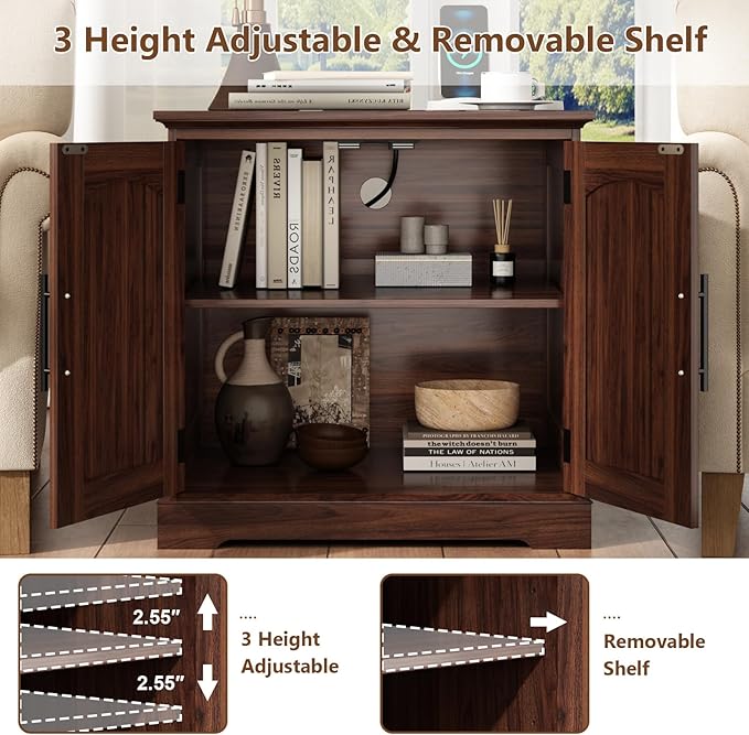 Rustic End Table with Charging Station, 24" Large Sofa Side Table with 2 Arched Doors, Farmhouse Wood Square Nightstand Bedside Tables with Adjustable Storage Shelf for Living Room, Bedroom