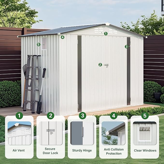 8x6 FT Outdoor Storage Shed, Metal Garden Shed with Window, Outside Tool Sheds with Lockable Hinged Doors, Waterproof Storage Building with 4 Air Vents for Backyard, Patio, Lawn, White