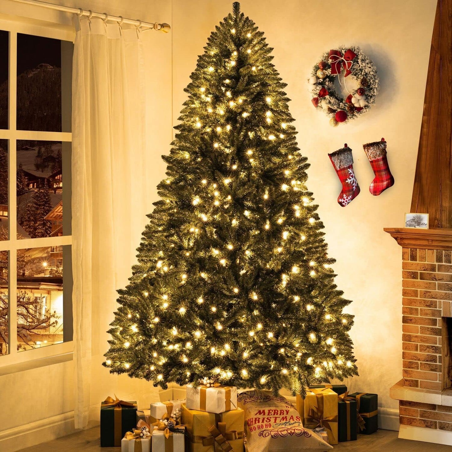 Prague 7.5ft Prelit Artificial Christmas Tree with Foot Pedal, 1717 Branch Tips, 550 Warm Lights and Metal Stand, 56" Wide Realistic Spruce Christmas Tree with Lights by Naomi Home