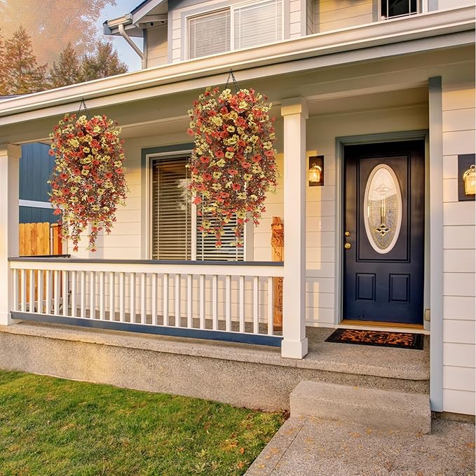 Geegoods Artificial Mum Flowers for Outdoors, 4Pcs Hanging Flowers Plants UV Resistant Realistic Silk Flowers for Outside Patio Porch Garden Yard Balcony Fall Decor