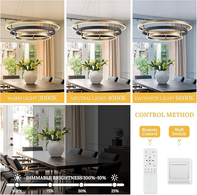 3 Ring LED Chandelier Black Gold Chandelier Light Fixture Dimmable Round Foyer Chandeliers Modern Circular Chandeliers Light for Dining Room Entry Bedroom Office Living Room 24in