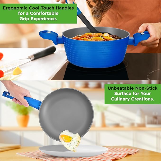 NutriChef 12-Pc Blue Nonstick Cookware Set - Professional Pots & Pans with Durable Coating, All Cooktops Compatible, Including Induction