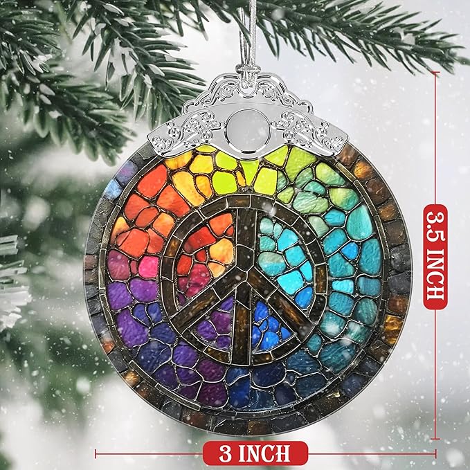 Christmas Decorations Ornaments, Stained Glass Ornament, Christmas Tree Ornaments, 2025 Gift Ornament, Xmas Gift for Friend Family Coworker - Peace Sign