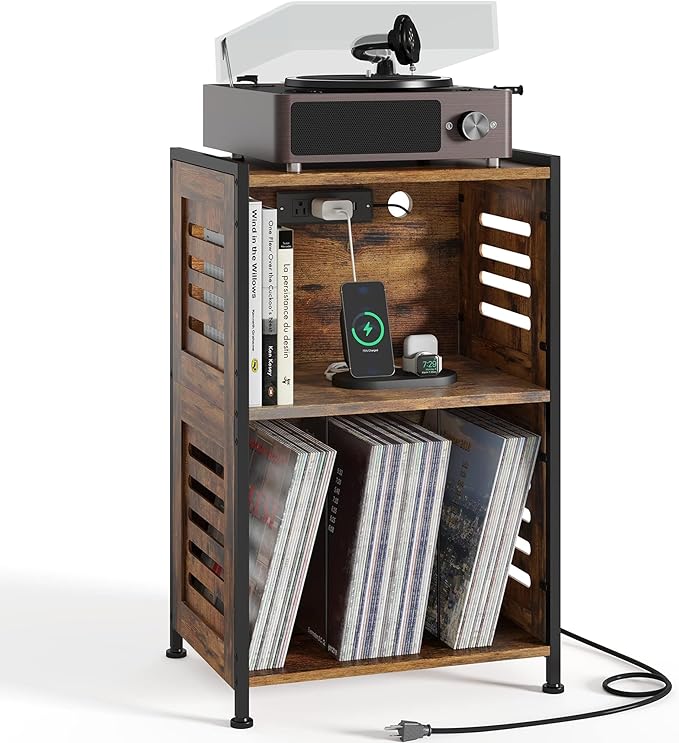 Y&M Record Player Stand, Vinyl Turntable Stand with Charging Station and USB Port, Record Display Table with Storage Cabinet, Turntable Holder, End Table, Nightstand for Bedroom, Living Room, Brown
