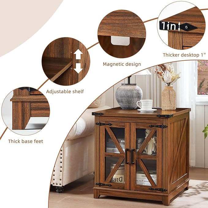 Farmhouse End Table,24" Large Sofa Side Table with Charging Station Glass Barn Door,Wood Nightstand with Adjustable Storage Shelf,Square Bedside Table for Living Room,Bedroom,Office-Brown