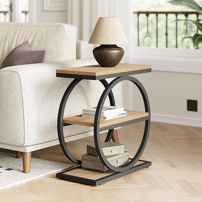 LITTLE TREE 3-Tier End Table, Side Table with Storage Shelves, Small Sofa Side Table for Living Room, Wooden Side End Table with Double Round Metal Legs, Slim Nightstand and Bedside Table, Oak