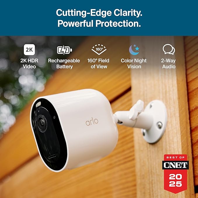 Arlo Pro Security Camera 2K HDR (6th Gen, 2025 Release) - Wireless Outdoor Camera, Rechargeable Removeable Battery, Event Captions, Emergency Response, 1-Month Trial of Secure Plan, 4 Cam, White