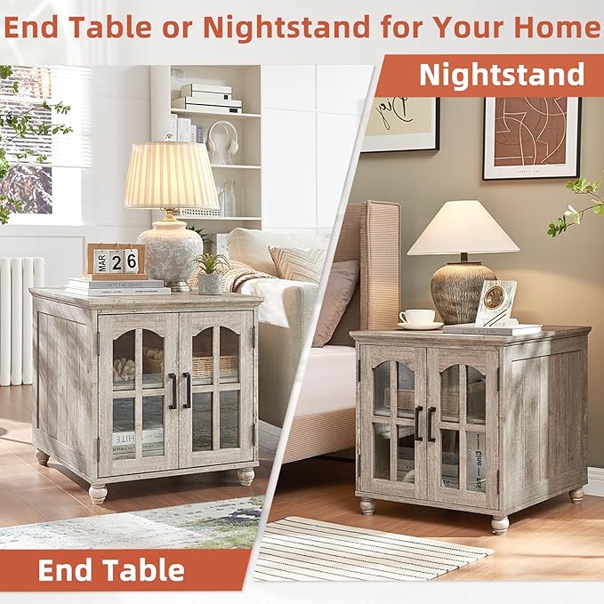 Farmhouse 24" End Table Set of 2 with Charging Station, Large Sofa Side Table with Glass Barn Door,Wood Night Stand with Adjustable Storage Shelf,Square Bedside Table for Living Room,Bedroom