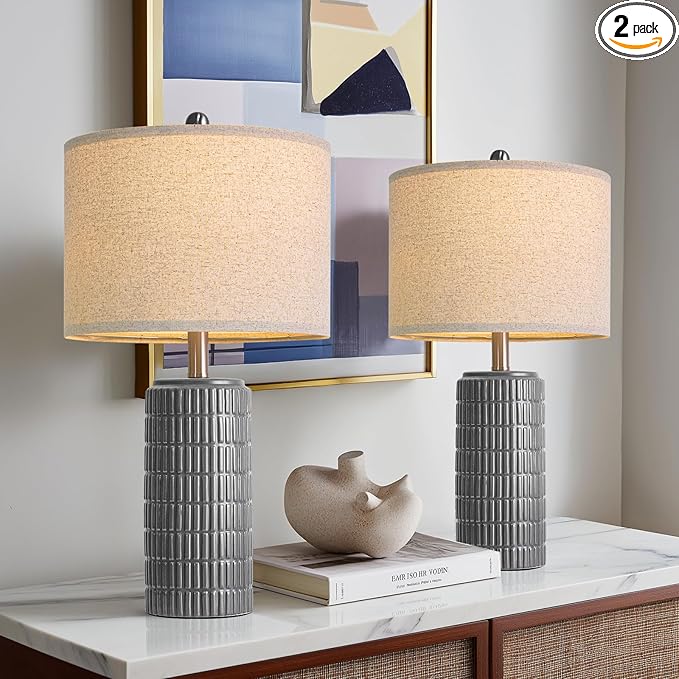 PoKat 23" Ceramic Dark Gray Table Lamps Set of 2 for Living Room, Modern Bedside Lamps for Bedroom, Farmhouse Nightstand Lamp for Home Office Guest Room Sideboard Entryway Decor Gifts
