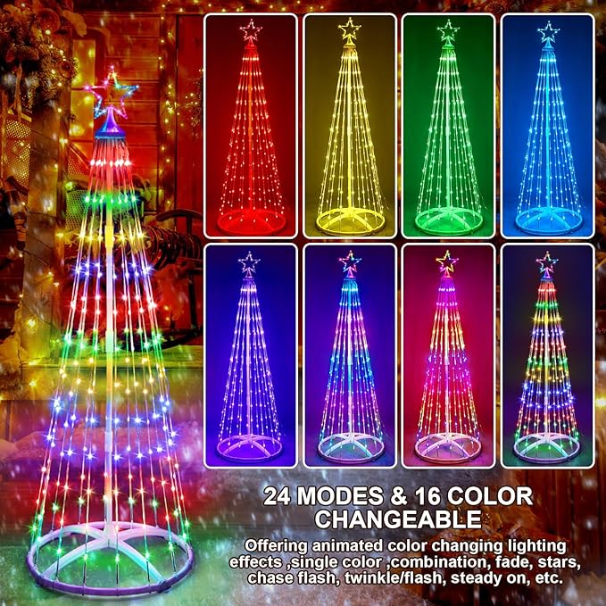 2 Pack 6ft Outdoor Christmas LED Cone Tree Lights Decorations 24 Modes Color Changing with Timer Foldable Lighted Yard Trees Waterproof String Lights Holiday Decor for Christmas New Year Xmas