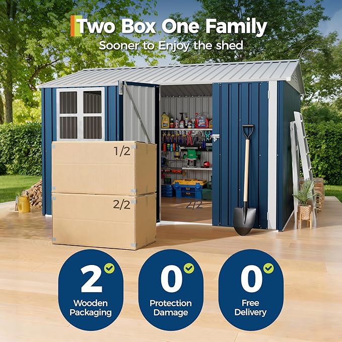 8x10 FT Outdoor Storage Shed,Metal Tool Shed with Clear Window, Lockable Doors,Large Garden Storage Box with Sloping Roof，Sheds&Outdoor Storage for Backyard Garden Patio Lawn, Navy Blue