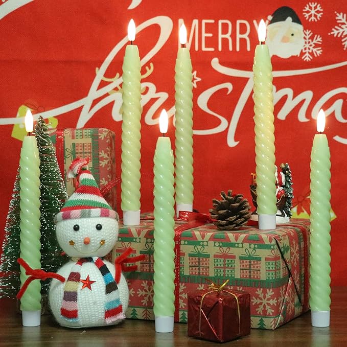 Flameless Taper Candles Green Pastel Flickering with Remote Timer, Battery Operated Warm 3D Wick LED Spiral Candles 6 Pack 9.8" Real Wax Wedding Home Birthday Spring Decor