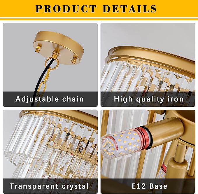 Gold Crystal Pendant Light 11.8" 3-Light Modern Round Chandelier Fixture 2-Tier Luxury Crystal Ceiling Hanging Light for Dining Room Hallway Living Room Bedroom Kitchen Island 1-Pack