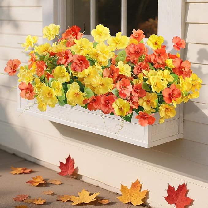 Hibiscus Artificial Flowers Plants for Outdoors Decoration, 6 Bundles Silk Tropical Flowers Artificial Realistic UV Resistant Fake Flower for Outside Planter Porch Patio Balcony (Yellow Orange)
