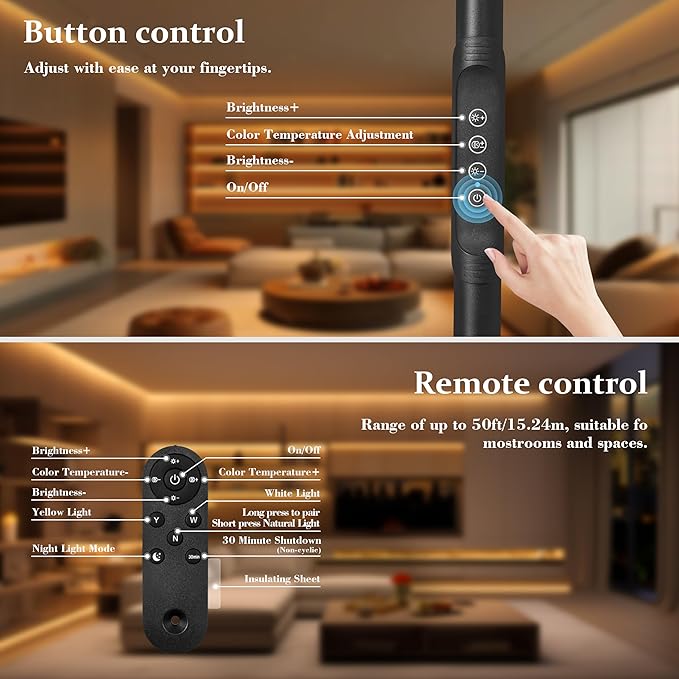 Eye-Caring Full Spectrum LED Floor Lamp, Magnetic Remote & Pole Control, Adjustable Gooseneck Dimmable 3000K-6500K, Stable Base for Living Room Bedroom Office Reading, Black
