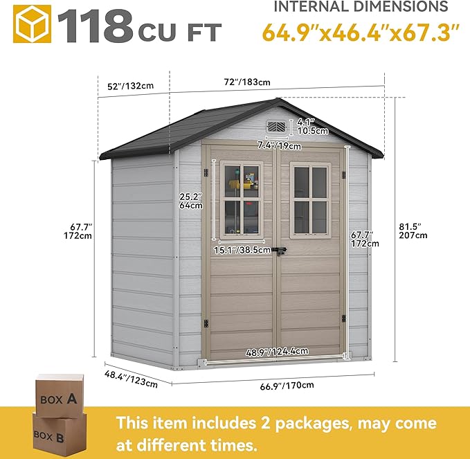 DWVO 6x4.4 FT Outdoor Storage Shed, Plastic Garden Tool Shed with 2 Windows, Double-Wall Outside Shed for Lawn Mower, Garden Tool for Backyard, Patio, Lawn, Lockable, Greige&Gray