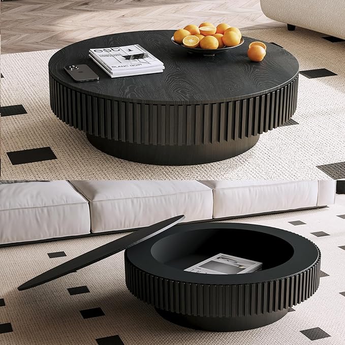 39" Round Coffee Table with Hidden Storage Compartment, Modern Handcraft Fluted Drum Coffee Table, Wooden Circle Center Table Cocktail Tea Table with Sturdy Pedestal for Living Room, Black