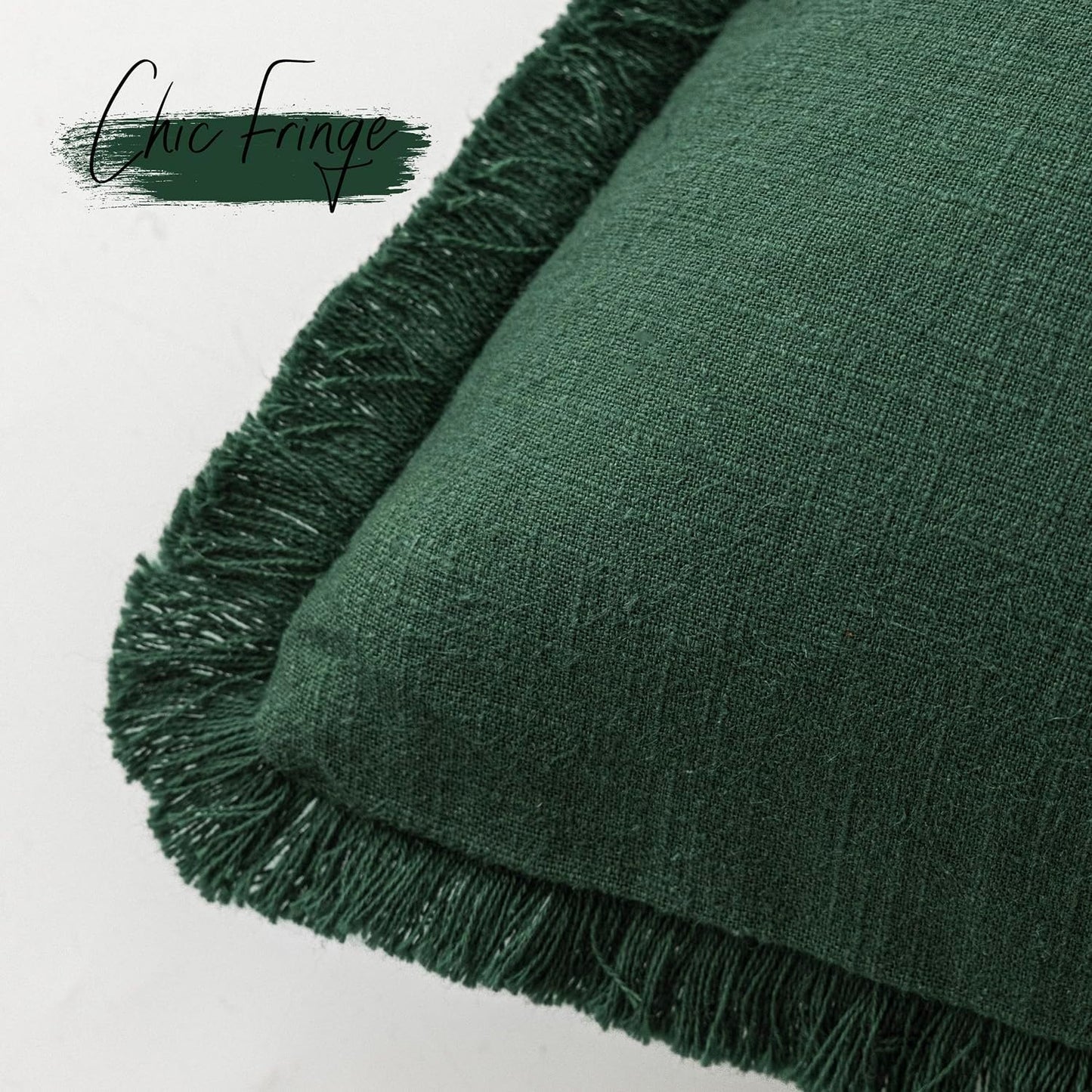 Foindtower Set of 2 Decorative Linen Fringe Throw Pillow Covers Cozy Boho Farmhouse Cushion Cover with Tassels Soft Accent Pillowcase for Couch Sofa Bed Living Room Home Decor, 26×26 Inch, Pine Green