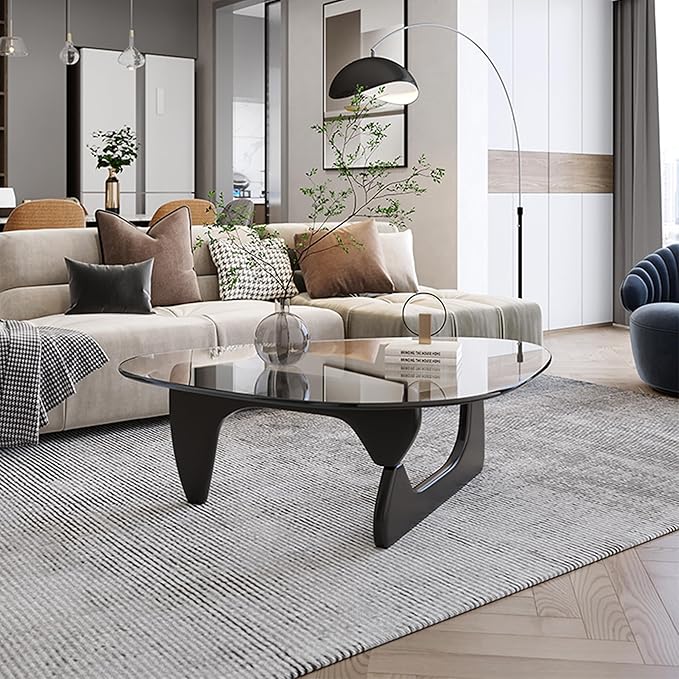 EASYSOUL Modern Glass Coffee Table, 32.68" D x 22.44" W x 15.75" H, Abstract Round Tea Tables for Living Room Home Office Industrial Cocktail Tables (Black-Clear Glass, 32.68")