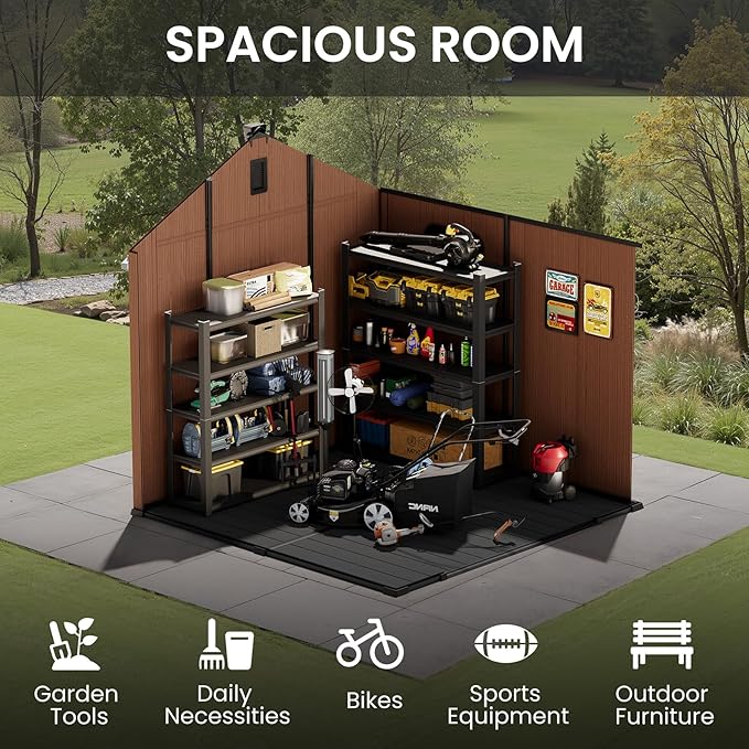 CRESTLIVE 8x8 FT Rust-Resistant Plastic Outdoor Storage Shed, Waterproof Resin Garden Shed with Floor, Doors, Skylight & Vent for Lawn Tools & Bikes