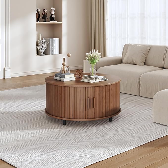 31.5 Inch Round Coffee Table, Fluted Coffee Tables with Storage, Mid-Century Modern Center Tables, Living Room Table with Sliding Door and Wood Handle for Living Room, Walnut