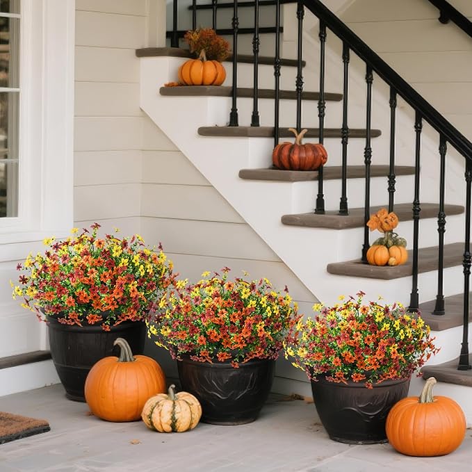 Homsunny Artificial Mums Flowers Outdoors Autumn Decor, Fall Fake Silk Daisy UV Resistant, 12 Bundles Outside Faux Flower Plants for Home Garden Porch Patio Yard Balcony Window (Yellow Brown Orange)