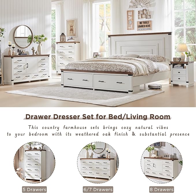 RedLemon Farmhouse Nightstand with Charging Station, 18" Rustic Night Stand with 2 Storage Drawers, Wood End Table for Bedroom, Living Room, Antique White