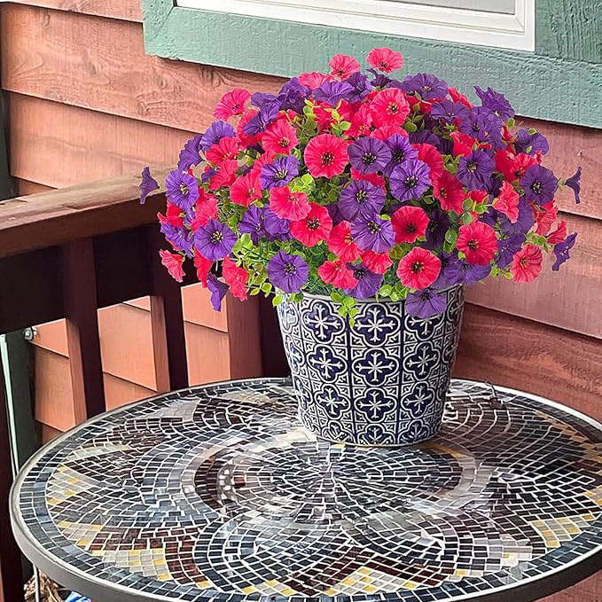 Artificial Flowers for Outdoors Decoration, 10 Bundles Fake Plastic Flower Plant, Faux Colorful Silk Morning Glory Petunias for Spring Summer Outside Garden Porch Front Door Decor, Rose Purple