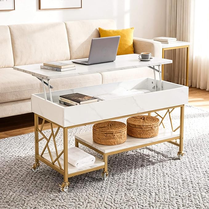 ivinta Lift Top Coffee Table with Storage, Modern Center Table with Lockable Crystal Wheels and Hidden Compartment for Living Room Home Office 1150 (White and Gold)