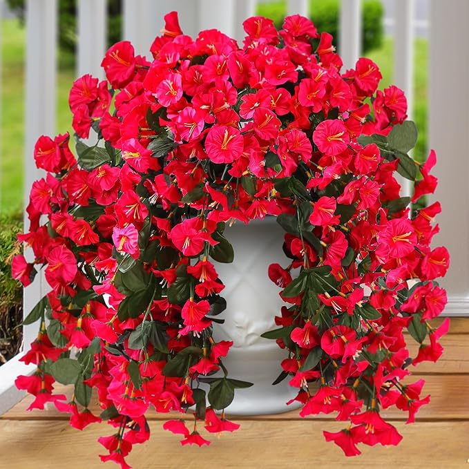 Sggvecsy Artificial Fake Hanging Flowers Plants for Outdoor Outside Spring Summer Decoration 2PCS Faux Silk UV Resistant Realistic Morning Glory Trailing Vines for Home Porch Patio Balcony(Rose red)