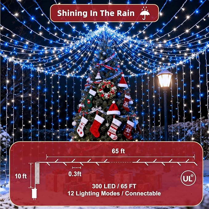 300LED 75FT Christmas Lights Indoor, LED Christmas Tree Decoration Lights with 12 Modes & Timer Memory, Dimmable Plug In Waterproof LED Xmas Light for Yard Trees Wedding Party Holiday Blue & White