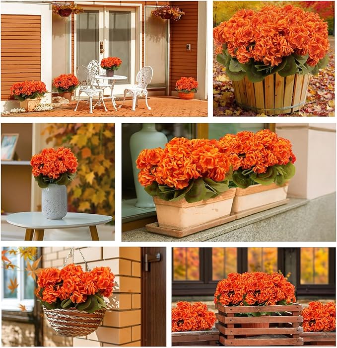 6 Bundles Silk Geraniums Artificial Flowers for Outdoors, UV Resistant Faux Plants Realistic for Garden Patio Porch Window Box Home Indoor Outdoor Decor (12, Orange-red)