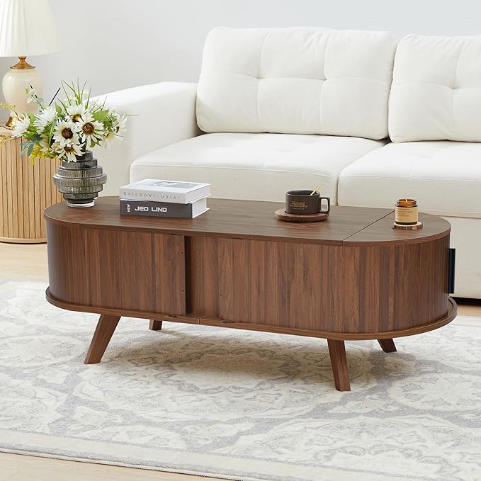 Small Lift Top Coffee Table with Sliding Tambour Door, 47.3" Mid Century Modern Curved Coffee Table with Storage, Oval Center Table with Lift Tabletop for Living Room (Doors, Walnut)