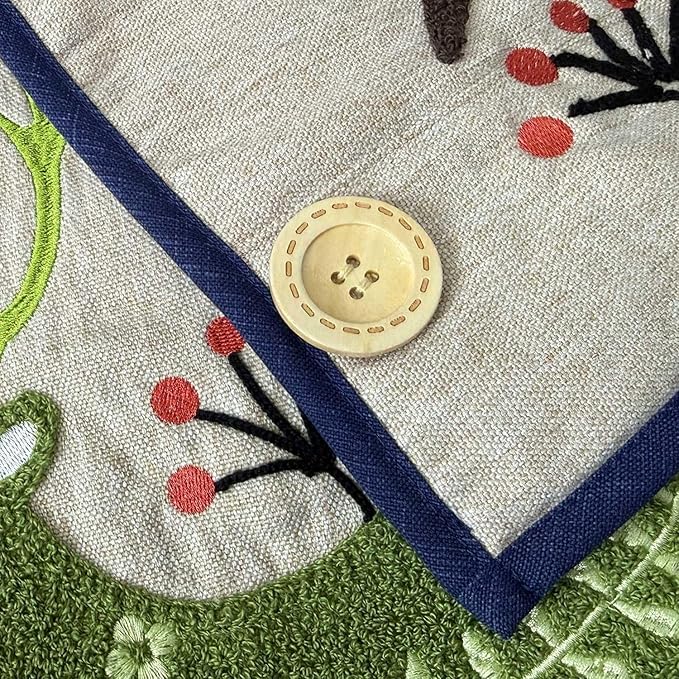 60-Inch Linen Christmas Tree Skirt, Woodland Creatures Embroidery, Thick Foam Padding, Beige with Navy Blue Trim, Oak Button Closures