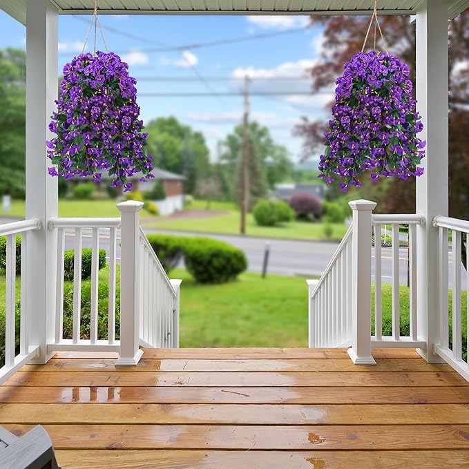 Sggvecsy Artificial Fake Hanging Flowers Plants for Outdoor Outside Spring Summer Decoration 4PCS Faux Silk UV Resistant Realistic Morning Glory Trailing Vines for Home Porch Patio Balcony(Purple)