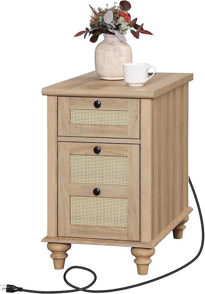 WAMPAT Rattan End Table with Charging Station, Farmhouse Bedside Table with Solid Wood Leg, Narrow Side Table with Drawer & Power outlets USB Ports for Bedroom, Living Room, Oak