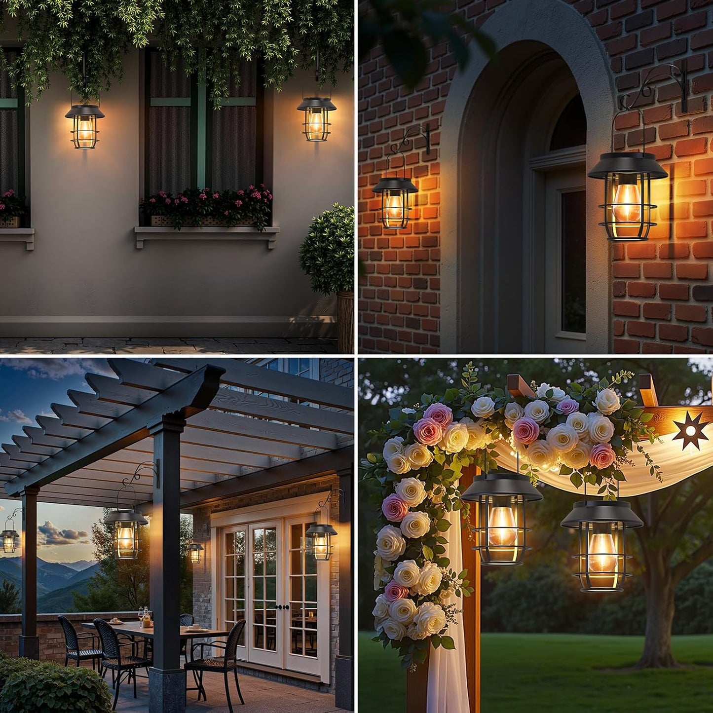 Solar Lanterns Outdoor Waterproof, High Brightness Hanging Solar Lights for Outside with Wall Hooks, Halloween Decor Retro Metal Outdoor Lanterns Auto On/Off for Patio, Yard Decor, Black,2Pack