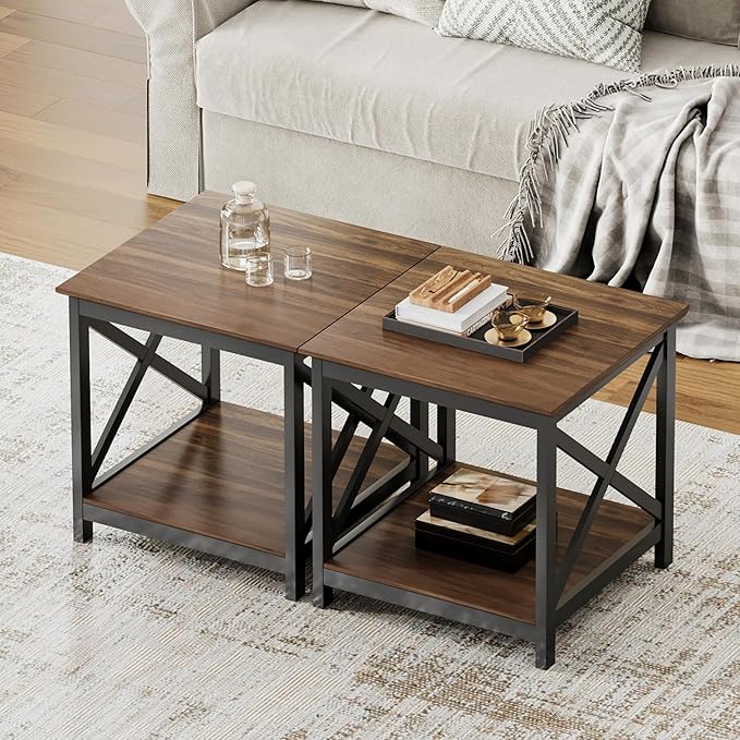 ChooChoo End Tables Set of 2, 24 Inch End Table with 2-Tier Storage Shelf, Side Table for Living Room, Wood Nightstand for Bedroom, Office, Painted Surface, Walnut